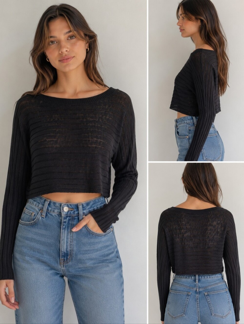 Express Cropped Knit Sweater Lightweight Horizontal Ribbed Long Sleeve XS